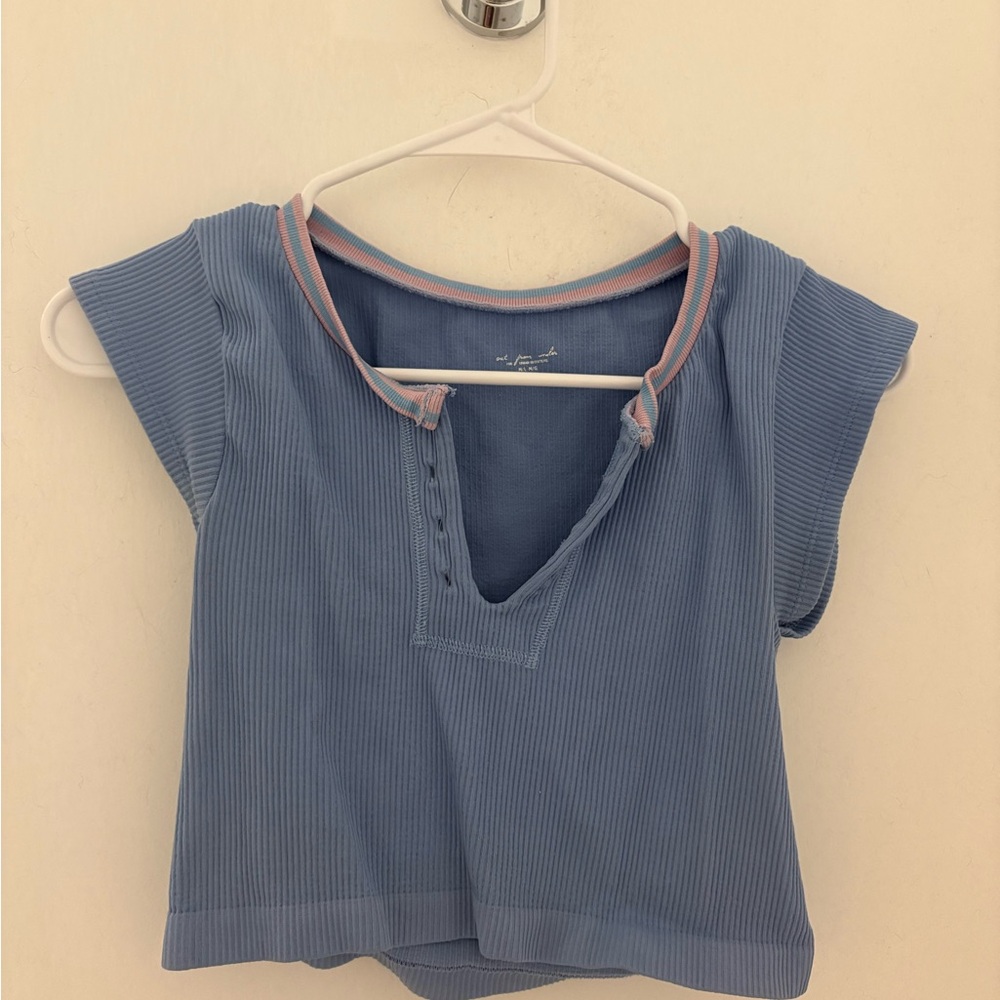 Urban Outfitters Blue Ribbed Top with Pink Trim